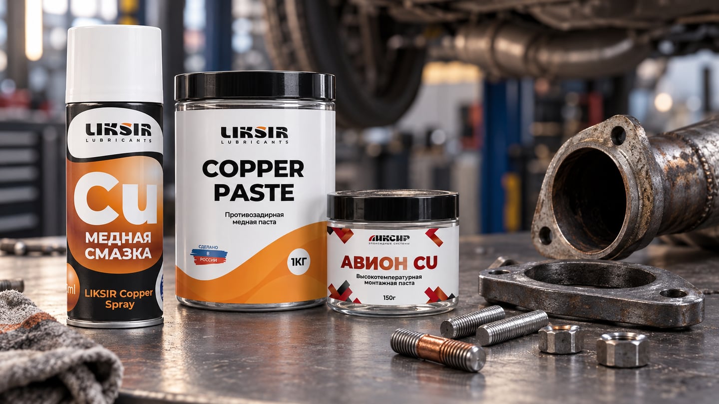 LIKSIR Copper Spray и подготовленный крепеж остывшего выпускного фланца