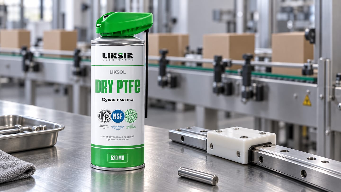 LIKSOL DRY PTFE Spray рядом с направляющей скольжения и полимерным блоком